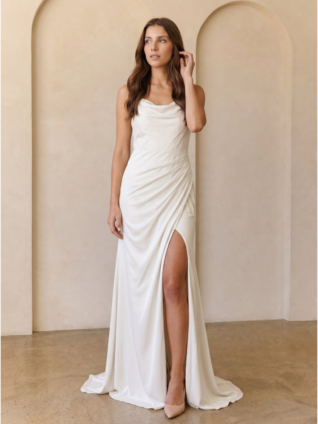 Ivory Chiffon Sheath Square Neck Keyhole Back Floor-Length Pleated Bridesmaid Dress - Curvevia