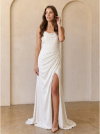 Ivory Chiffon Sheath Square Neck Keyhole Back Floor-Length Pleated Bridesmaid Dress - Curvevia