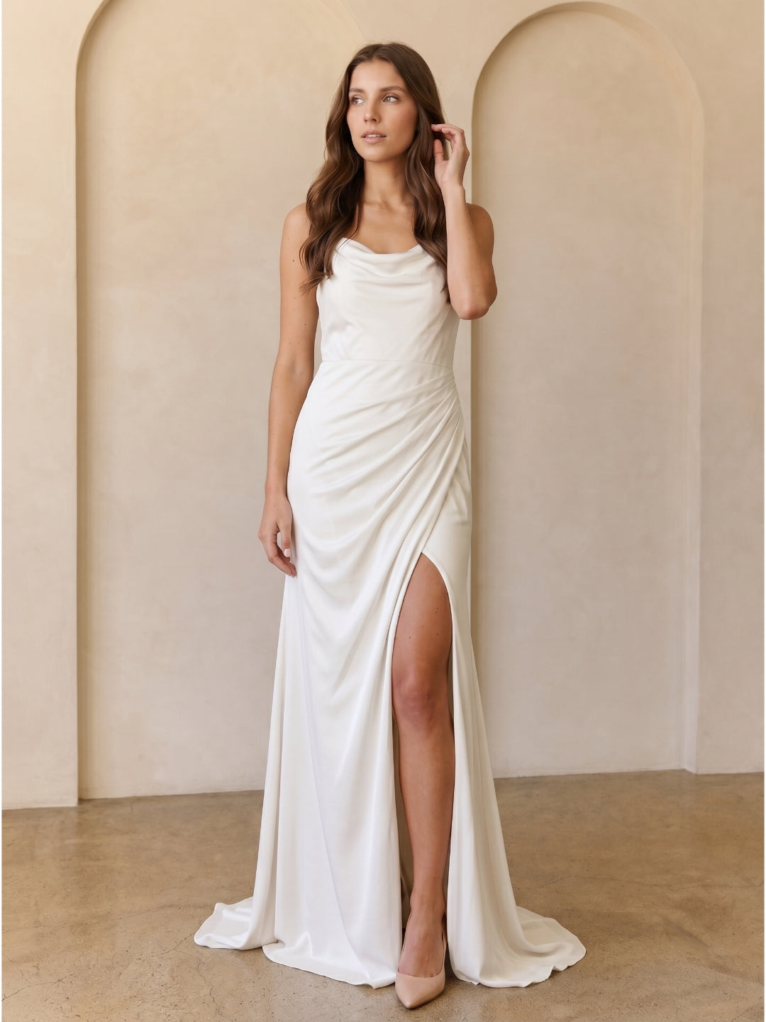 Ivory Chiffon Sheath Square Neck Keyhole Back Floor-Length Pleated Bridesmaid Dress - Curvevia