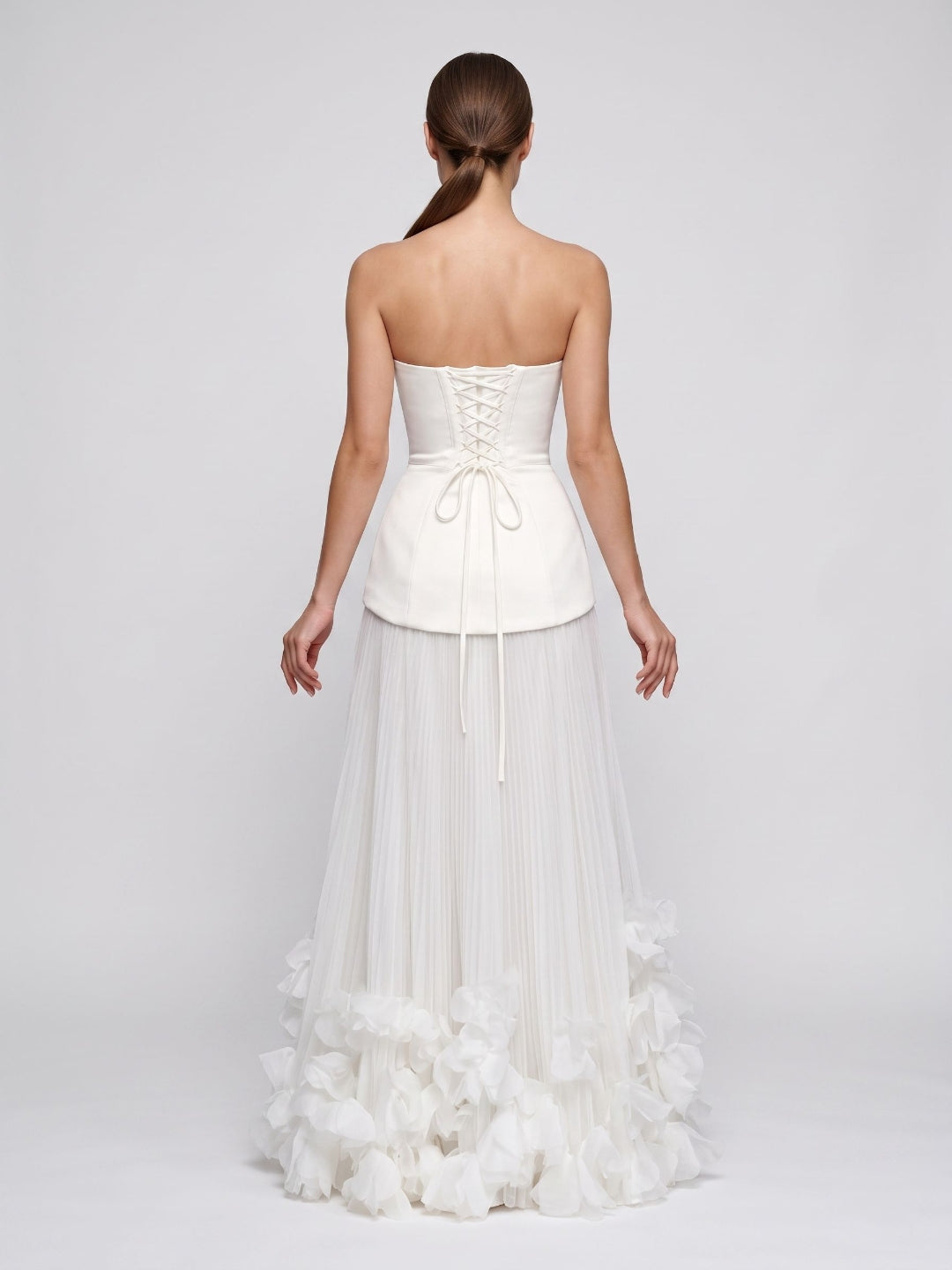 Ivory Crepe A-Line Straight Neck Lace-up Floor-Length Dress - Curvevia