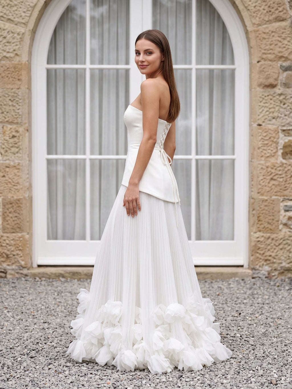 Crepe A-Line Straight Neck Lace-up Floor-Length Dress - Curvevia