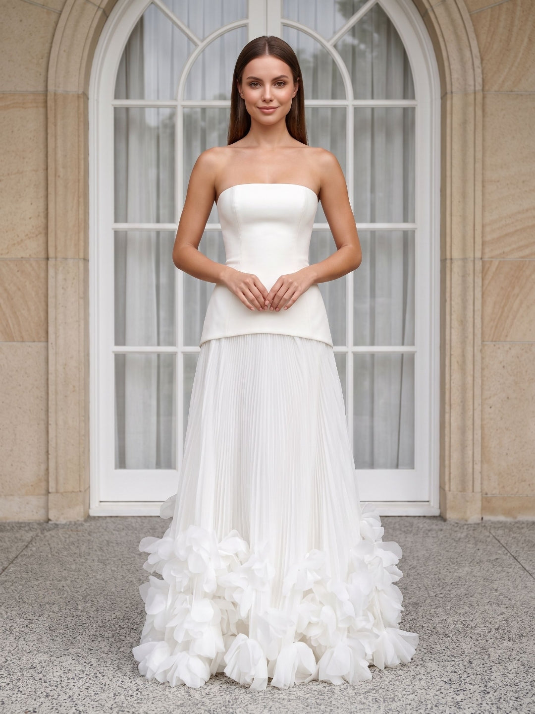 Crepe A-Line Straight Neck Lace-up Floor-Length Dress - Curvevia