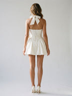 Ivory Jacquard A-Line Halter Neckline Lace-Up Back Short Dress with Bow - Curvevia