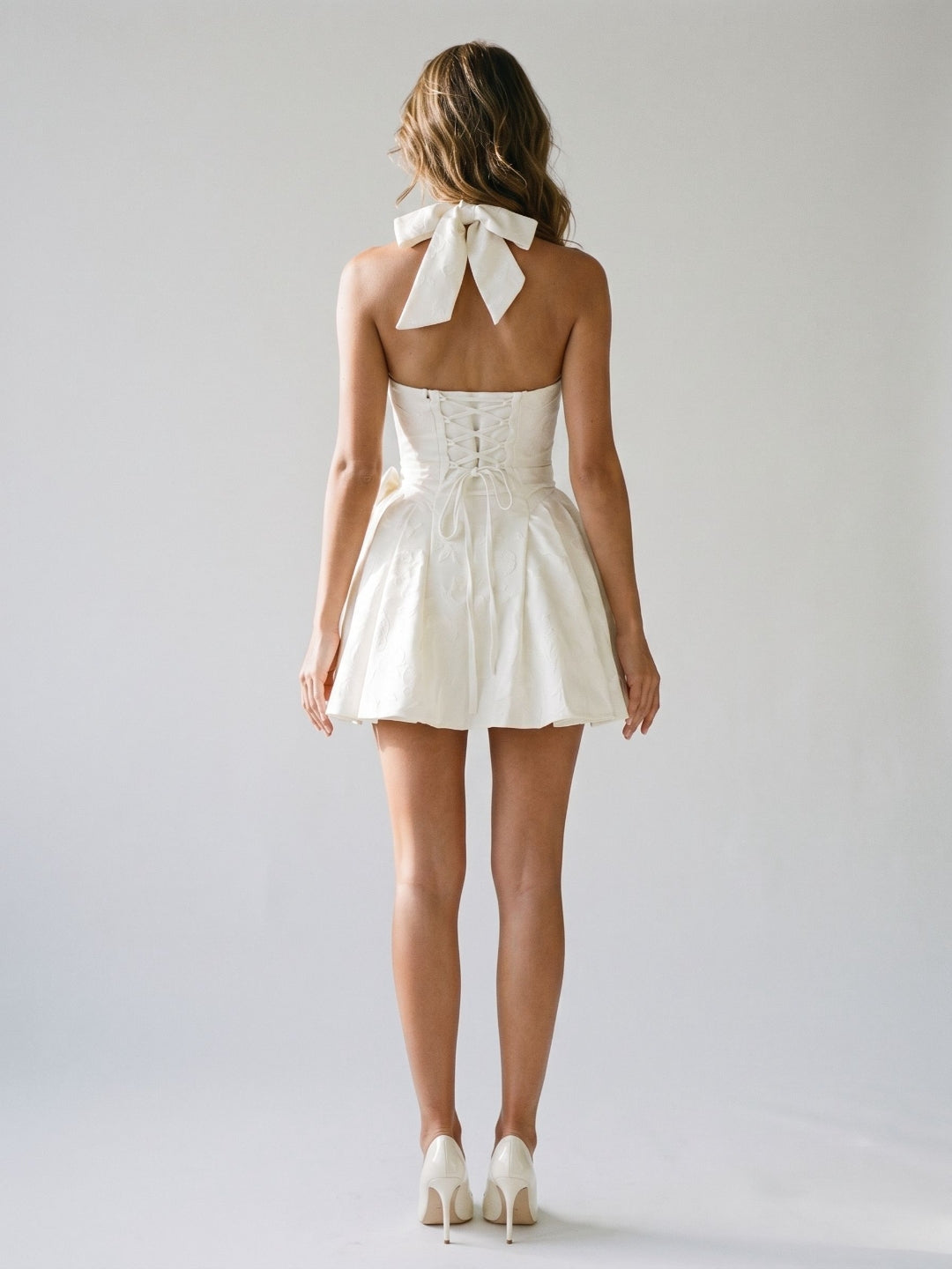 Ivory Jacquard A-Line Halter Neckline Lace-Up Back Short Dress with Bow - Curvevia