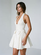 Ivory Jacquard A-Line Halter Neckline Lace-Up Back Short Dress with Bow - Curvevia