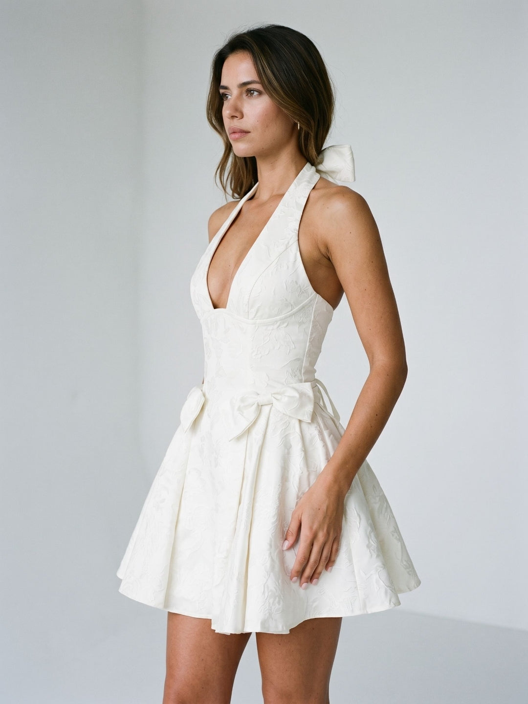 Ivory Jacquard A-Line Halter Neckline Lace-Up Back Short Dress with Bow - Curvevia