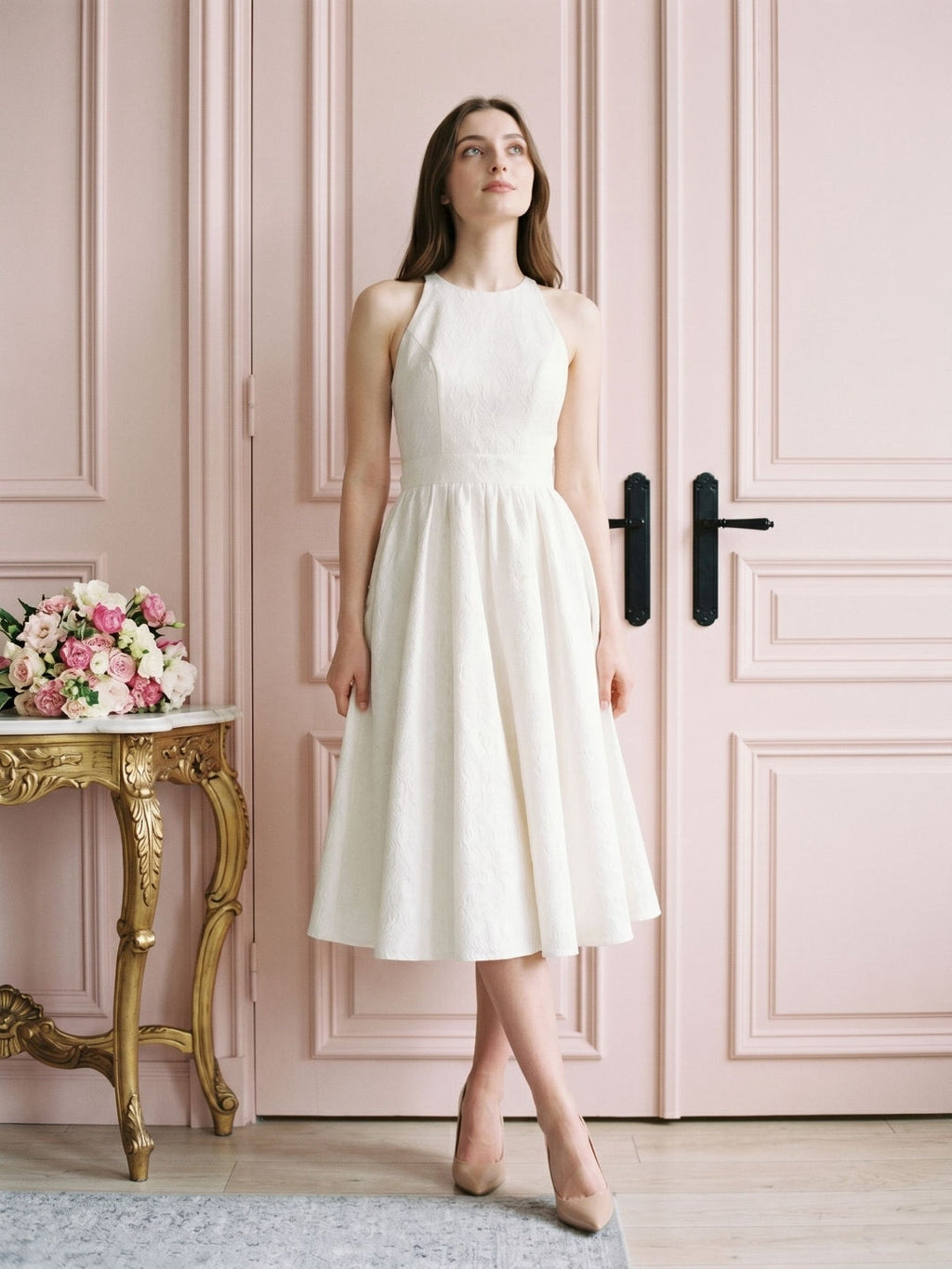 Ivory Jacquard A-Line Scoop Neck Back Zip Tea-Length Dress with Bow - Curvevia