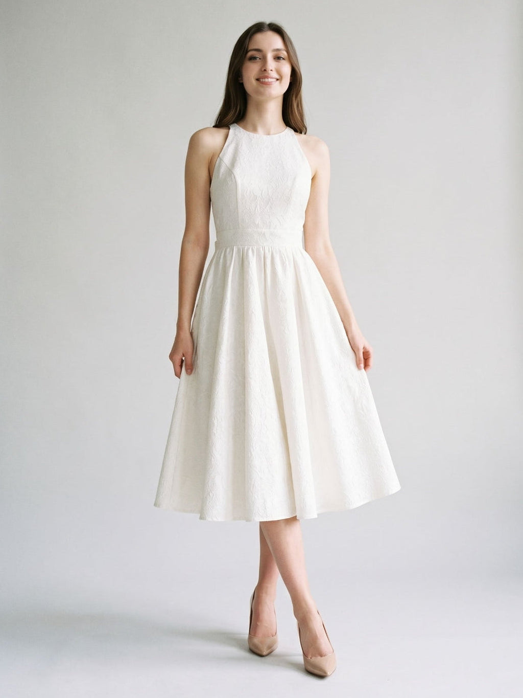 Ivory Jacquard A-Line Scoop Neck Back Zip Tea-Length Dress with Bow - Curvevia