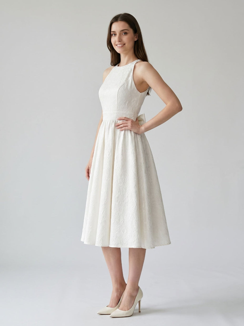 Ivory Jacquard A-Line Scoop Neck Back Zip Tea-Length Dress with Bow - Curvevia