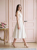 Ivory Jacquard A-Line Scoop Neck Back Zip Tea-Length Dress with Bow - Curvevia