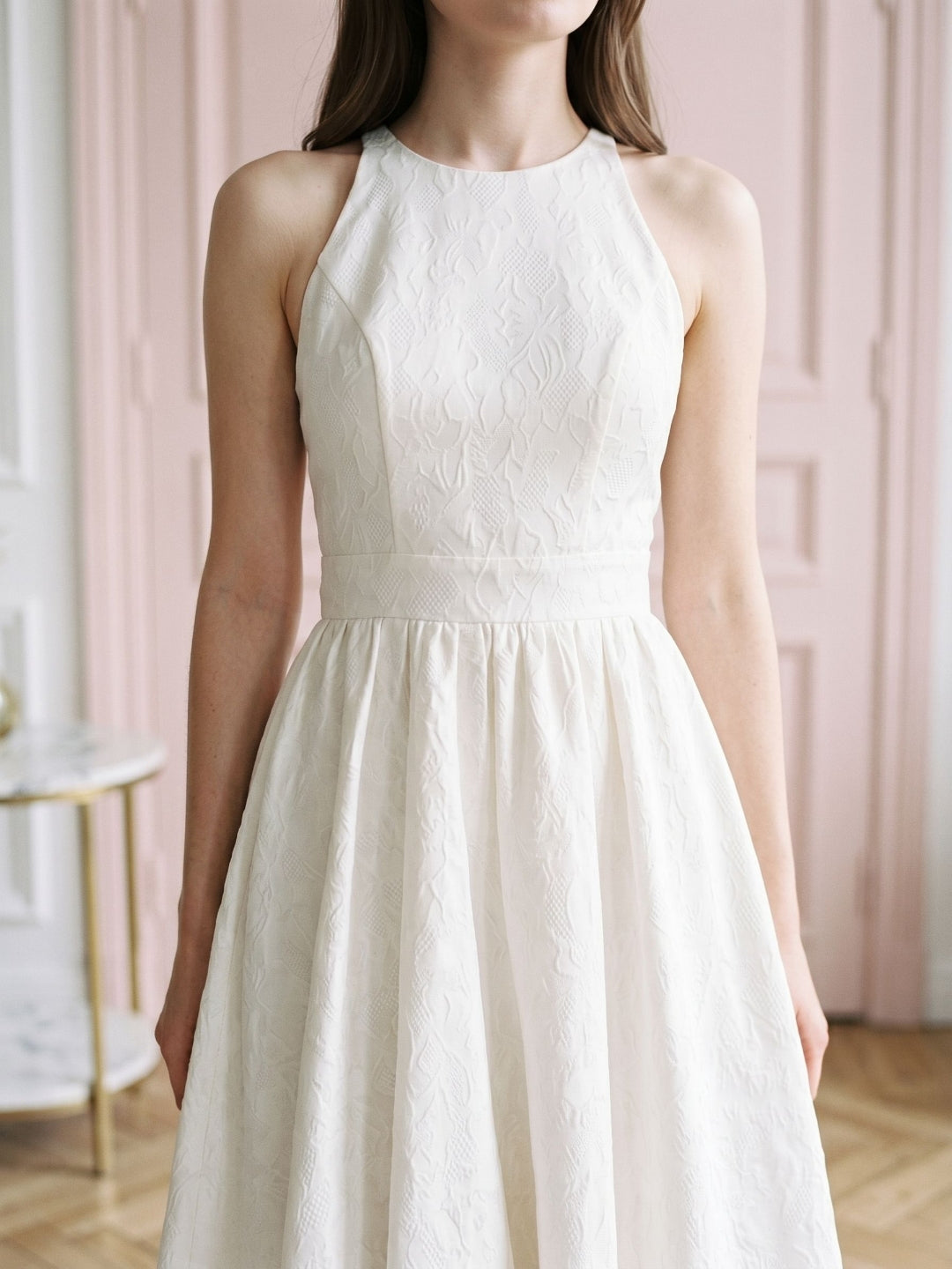 Ivory Jacquard A-Line Scoop Neck Back Zip Tea-Length Dress with Bow - Curvevia