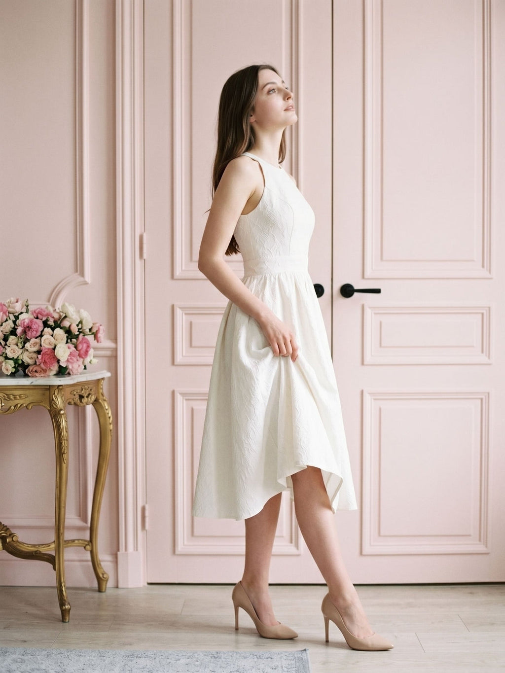 Ivory Jacquard A-Line Scoop Neck Back Zip Tea-Length Dress with Bow - Curvevia