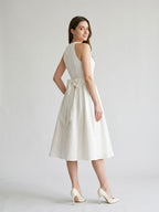 Ivory Jacquard A-Line Scoop Neck Back Zip Tea-Length Dress with Bow - Curvevia