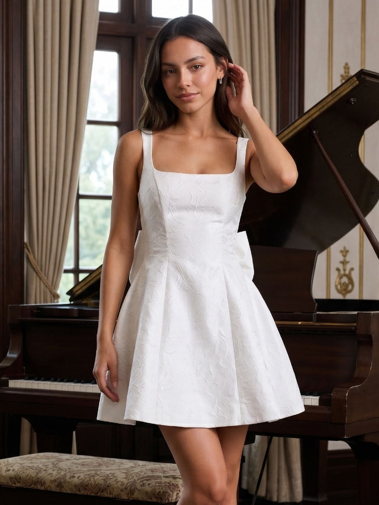 Ivory Jacquard A-Line Square Neck Lace-Up Back Short Dress with Bow - Curvevia