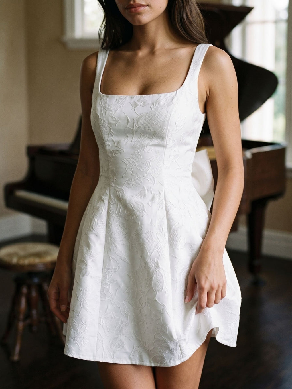 Ivory Jacquard A-Line Square Neck Lace-Up Back Short Dress with Bow - Curvevia