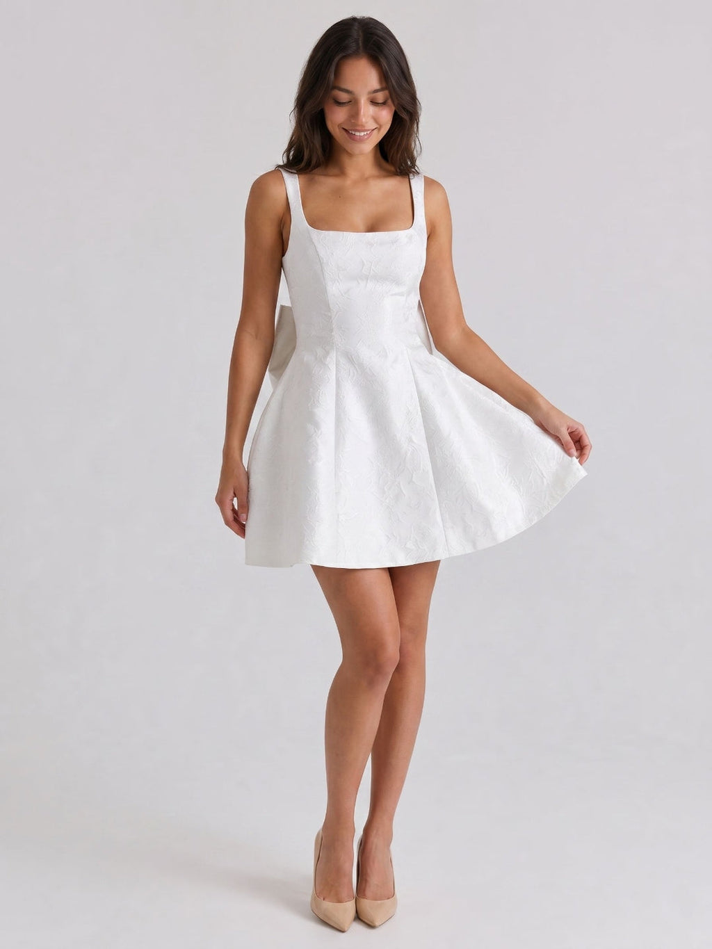 Ivory Jacquard A-Line Square Neck Lace-Up Back Short Dress with Bow - Curvevia