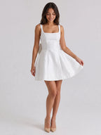 Ivory Jacquard A-Line Square Neck Lace-Up Back Short Dress with Bow - Curvevia