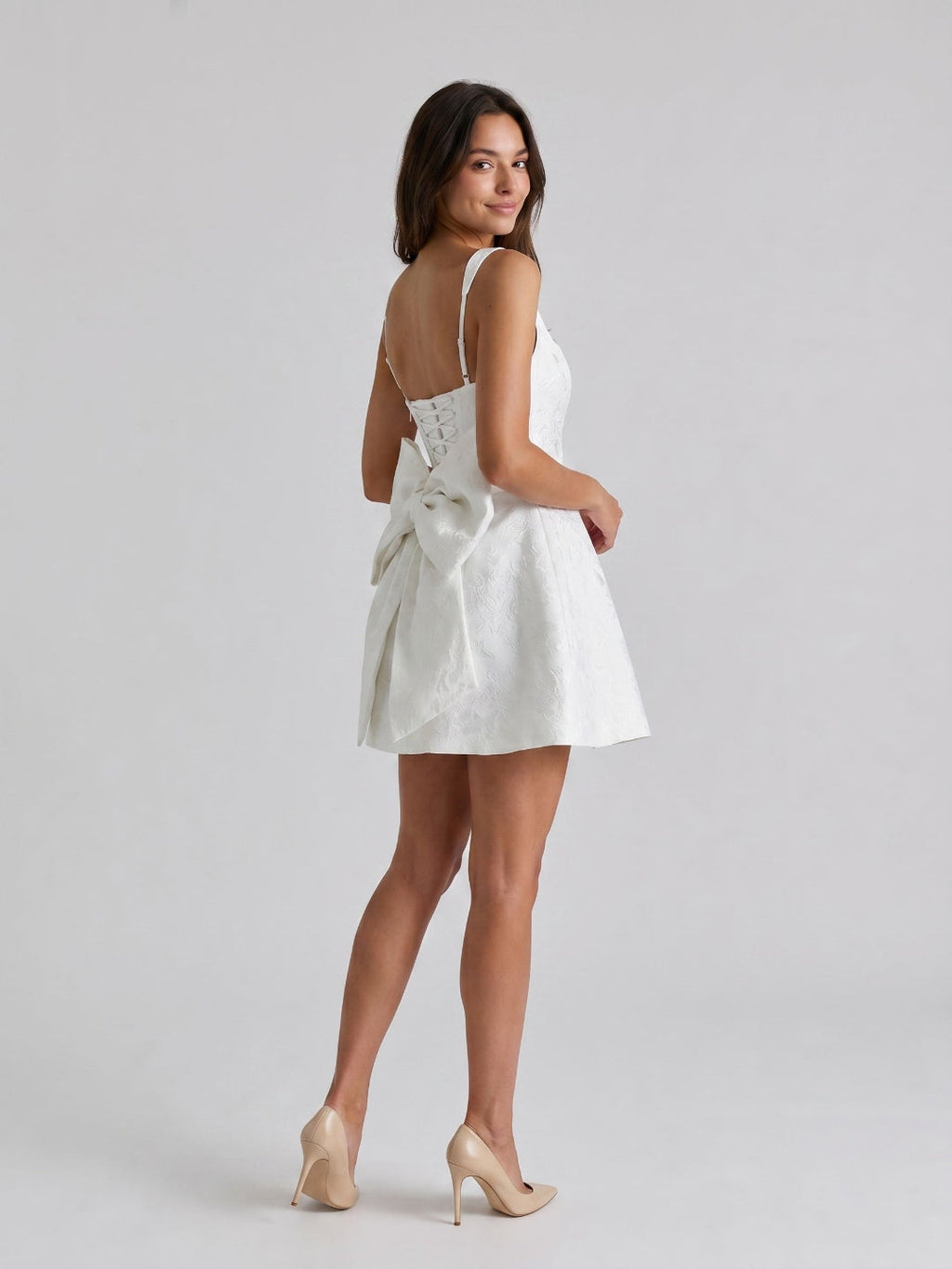 Ivory Jacquard A-Line Square Neck Lace-Up Back Short Dress with Bow - Curvevia