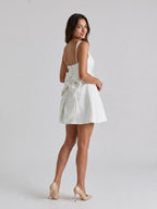 Ivory Jacquard A-Line Square Neck Lace-Up Back Short Dress with Bow - Curvevia