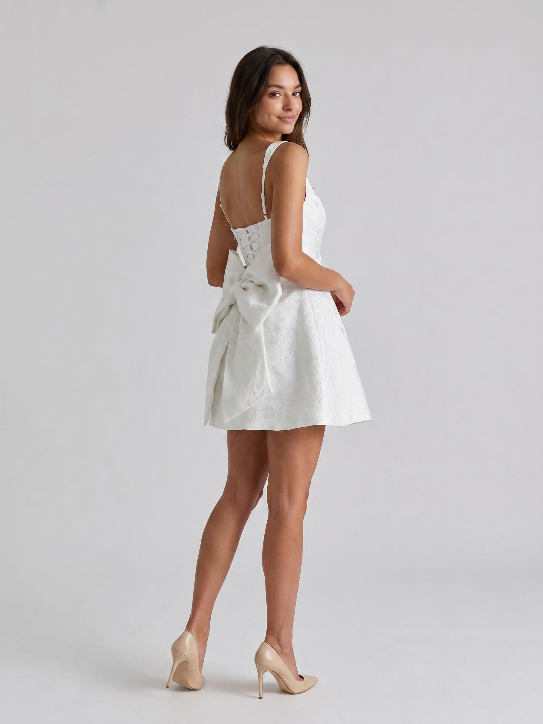 Ivory Jacquard A-Line Square Neck Lace-Up Back Short Dress with Bow - Curvevia