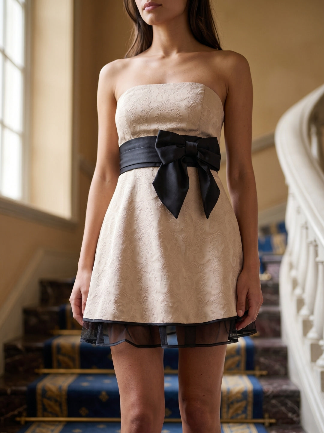 Ivory Jacquard A-Line Straight Neck Back Zip Short Prom Dress with Bow - Curvevia