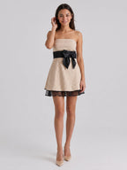 Ivory Jacquard A-Line Straight Neck Back Zip Short Prom Dress with Bow - Curvevia