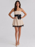 Ivory Jacquard A-Line Straight Neck Back Zip Short Prom Dress with Bow - Curvevia