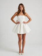Ivory Jacquard A-Line Straight Neck Lace-Up Back Short Dress with Bow - Curvevia