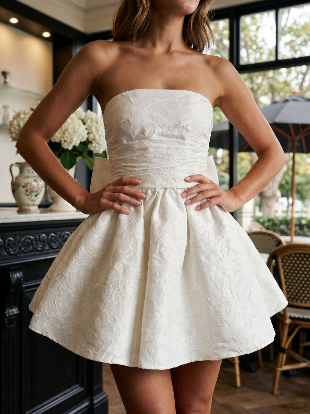 Ivory Jacquard A-Line Straight Neck Lace-Up Back Short Dress with Bow - Curvevia