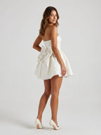 Ivory Jacquard A-Line Straight Neck Lace-Up Back Short Dress with Bow - Curvevia