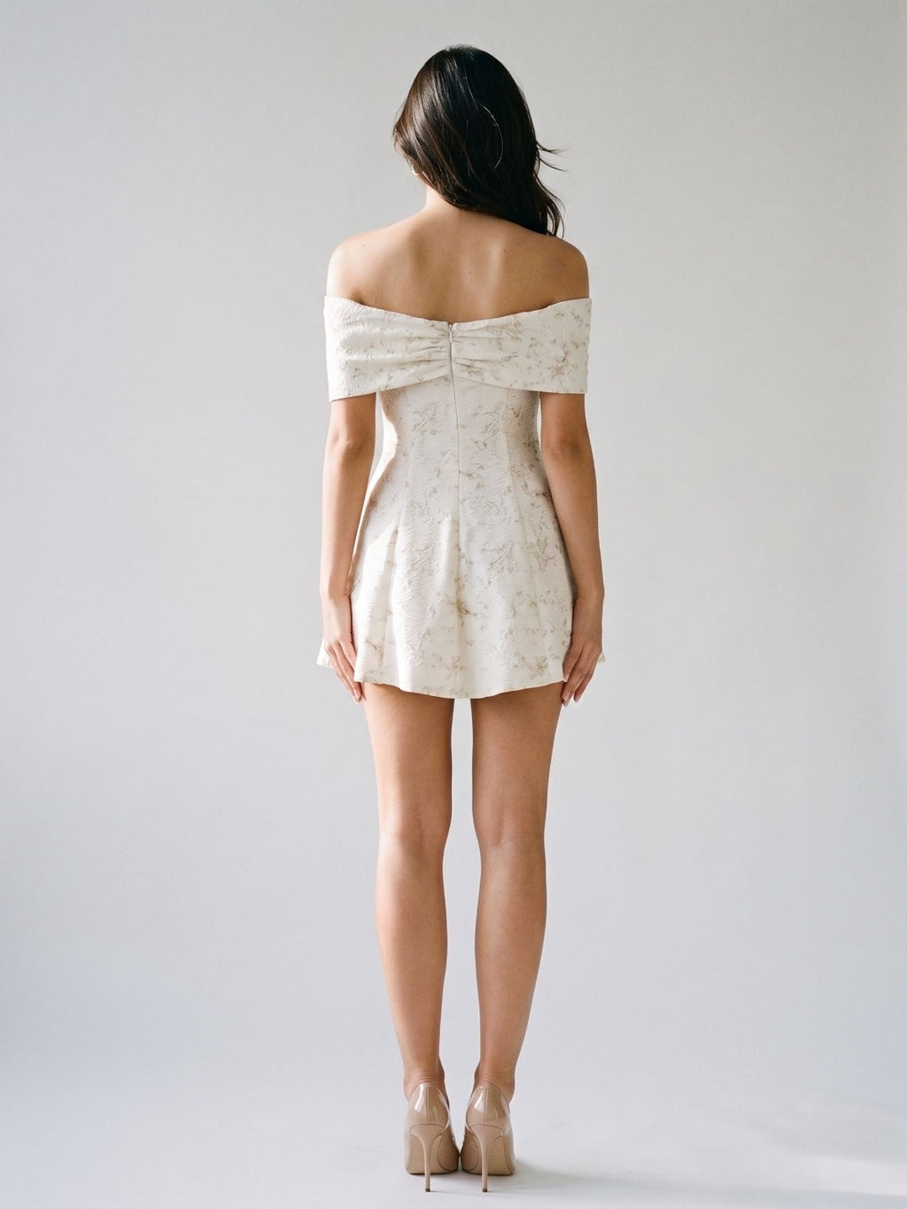 Ivory Jacquard A-Line Sweetheart Back Zip Short Dress with Pleating - Curvevia