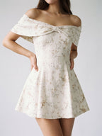 Ivory Jacquard A-Line Sweetheart Back Zip Short Dress with Pleating - Curvevia