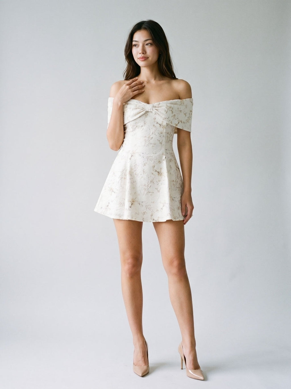 Ivory Jacquard A-Line Sweetheart Back Zip Short Dress with Pleating - Curvevia