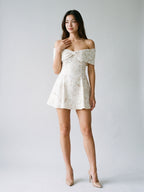 Ivory Jacquard A-Line Sweetheart Back Zip Short Dress with Pleating - Curvevia