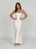 Ivory Jacquard Sheath Square Neck Corset Back Ankle-Length Formal Dress with Pleating - Curvevia