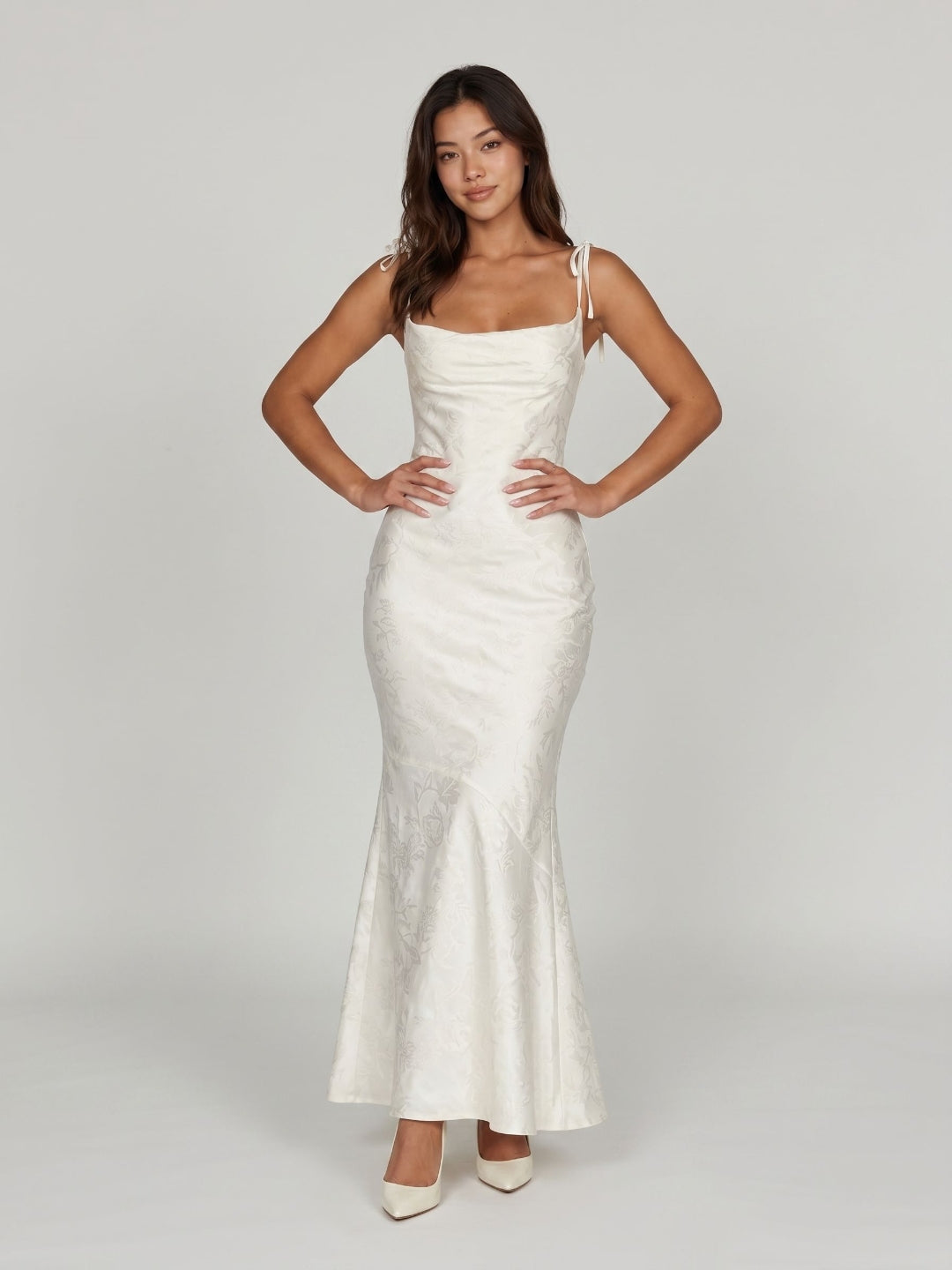 Ivory Jacquard Sheath Square Neck Corset Back Ankle-Length Formal Dress with Pleating - Curvevia
