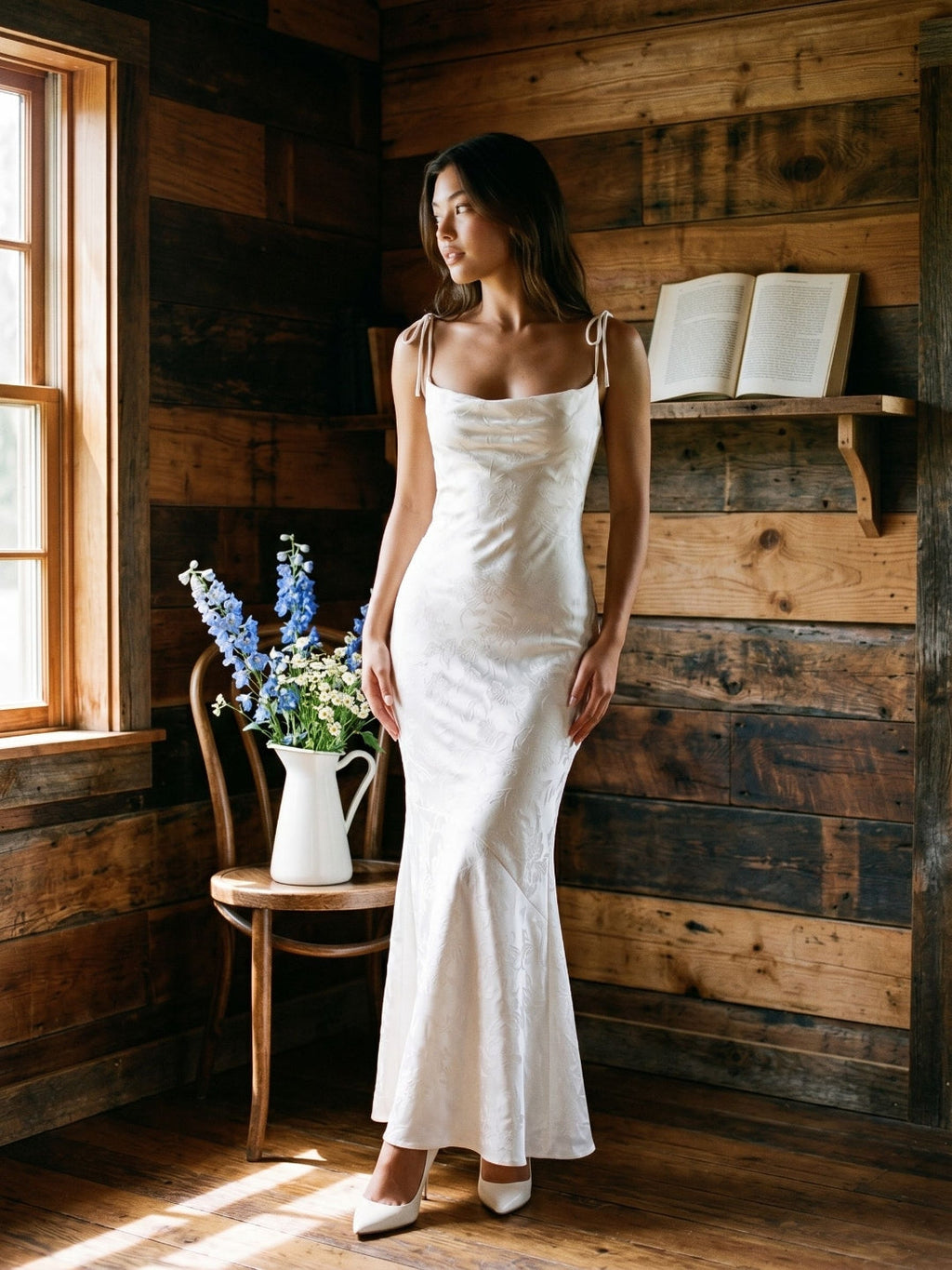 Ivory Jacquard Sheath Square Neck Corset Back Ankle-Length Formal Dress with Pleating - Curvevia