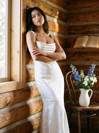 Ivory Jacquard Sheath Square Neck Corset Back Ankle-Length Formal Dress with Pleating - Curvevia
