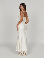 Ivory Jacquard Sheath Square Neck Corset Back Ankle-Length Formal Dress with Pleating - Curvevia
