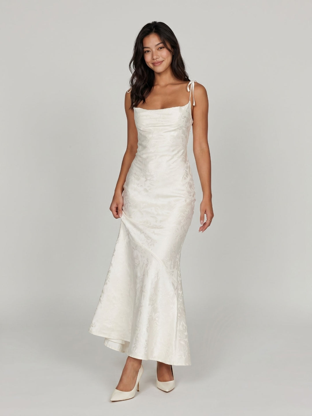 Ivory Jacquard Sheath Square Neck Corset Back Ankle-Length Formal Dress with Pleating - Curvevia