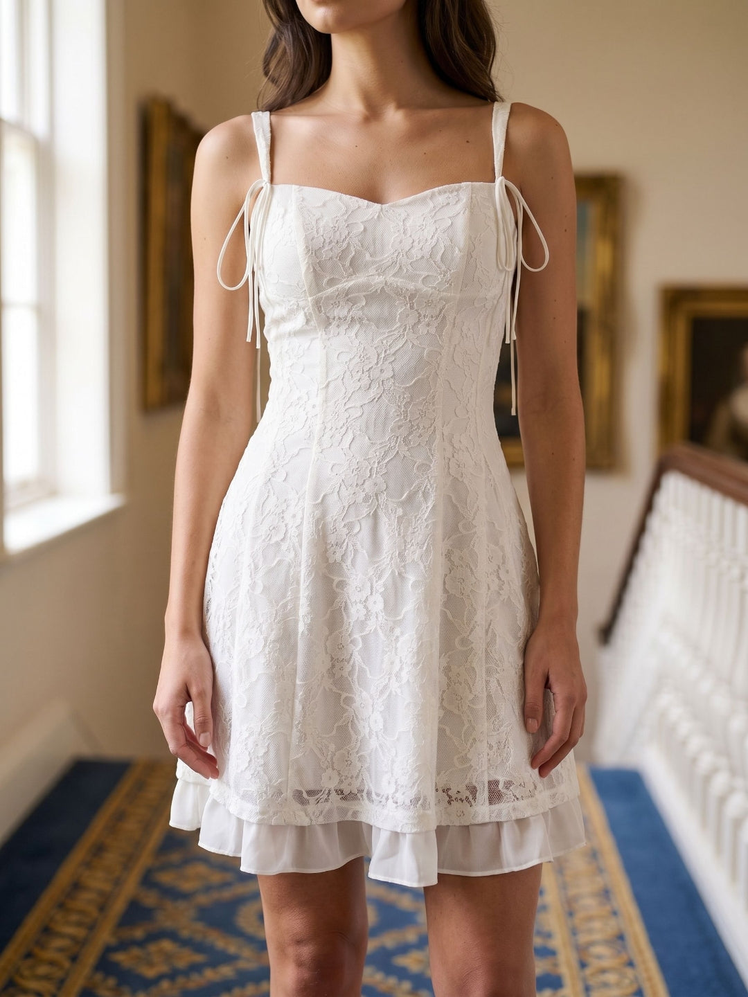 Ivory Lace A-Line Sweetheart Side Zip Short Dress with Bow - Curvevia