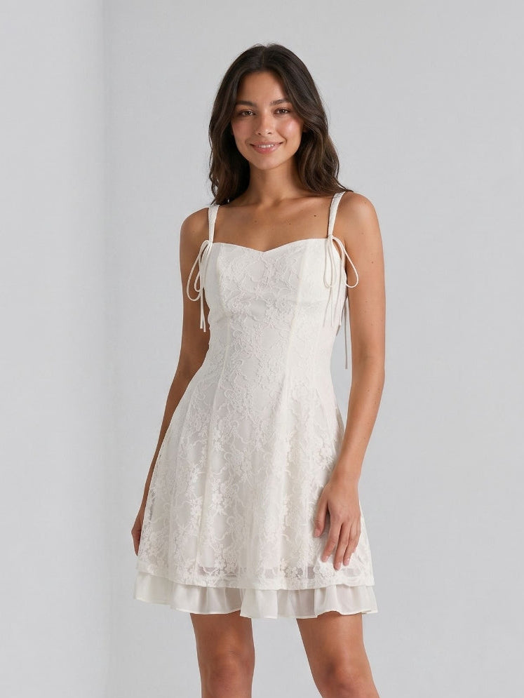 Ivory Lace A-Line Sweetheart Side Zip Short Dress with Bow - Curvevia