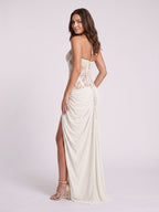 Ivory Lace & Satin Sheath Halter neckline Lace-up Floor-Length Dress - Curvevia