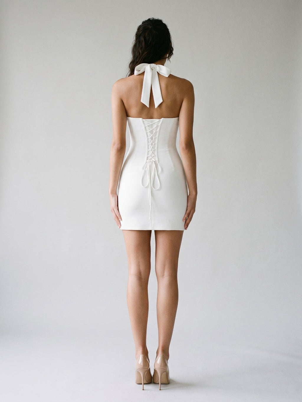 Ivory Matte Satin Sheath Halter Neckline Lace-Up Back Short Dress - Curvevia