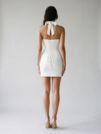 Ivory Matte Satin Sheath Halter Neckline Lace-Up Back Short Dress - Curvevia