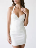 Ivory Matte Satin Sheath Halter Neckline Lace-Up Back Short Dress - Curvevia