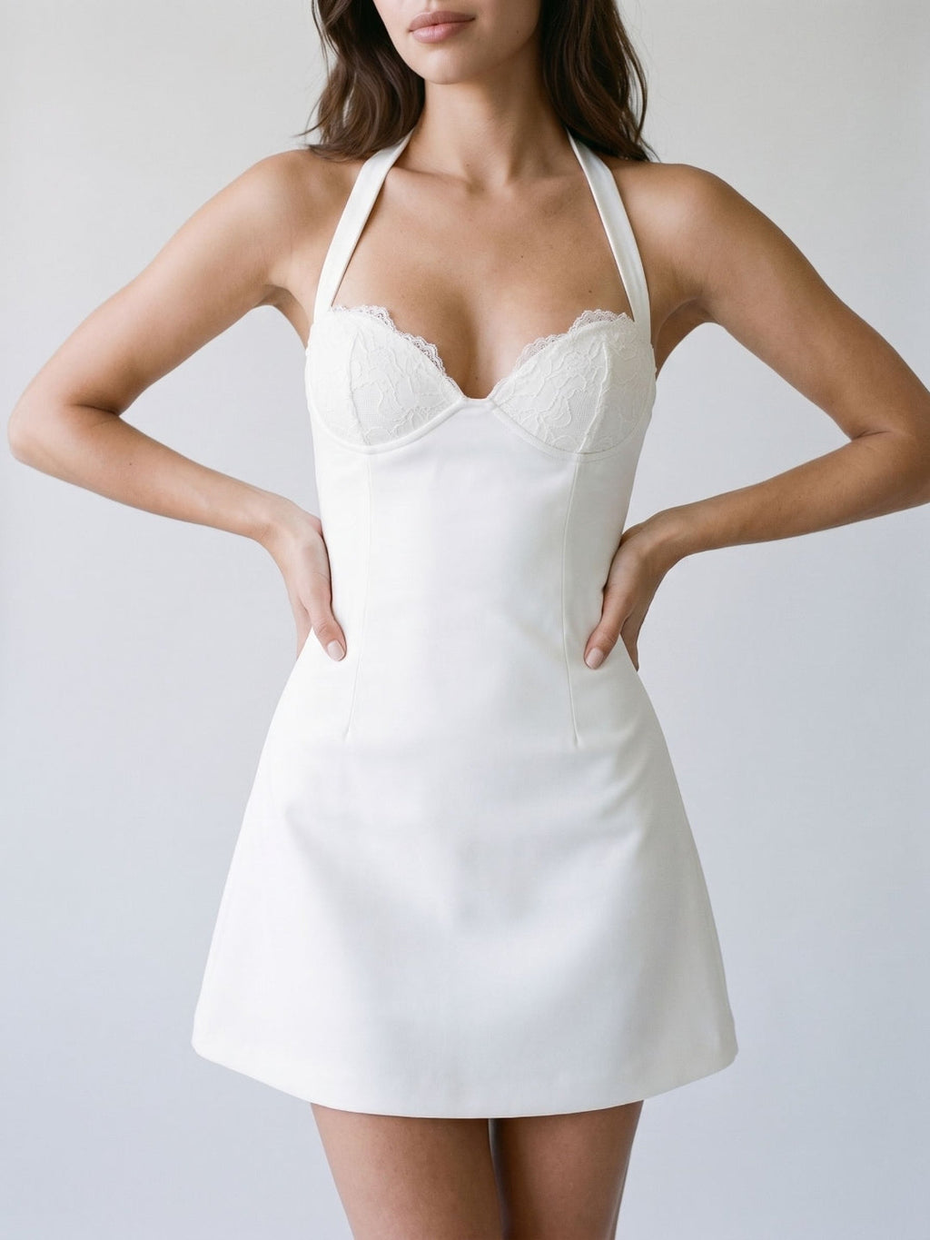 Ivory Matte Satin Sheath Halter Neckline Lace-Up Back Short Dress - Curvevia