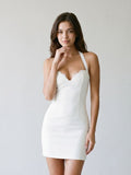 Ivory Matte Satin Sheath Halter Neckline Lace-Up Back Short Dress - Curvevia