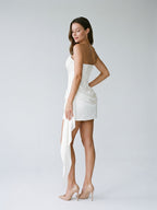 Ivory Matte Satin Sheath Scoop Neck Lace-Up Back Short Dress with Pleating - Curvevia