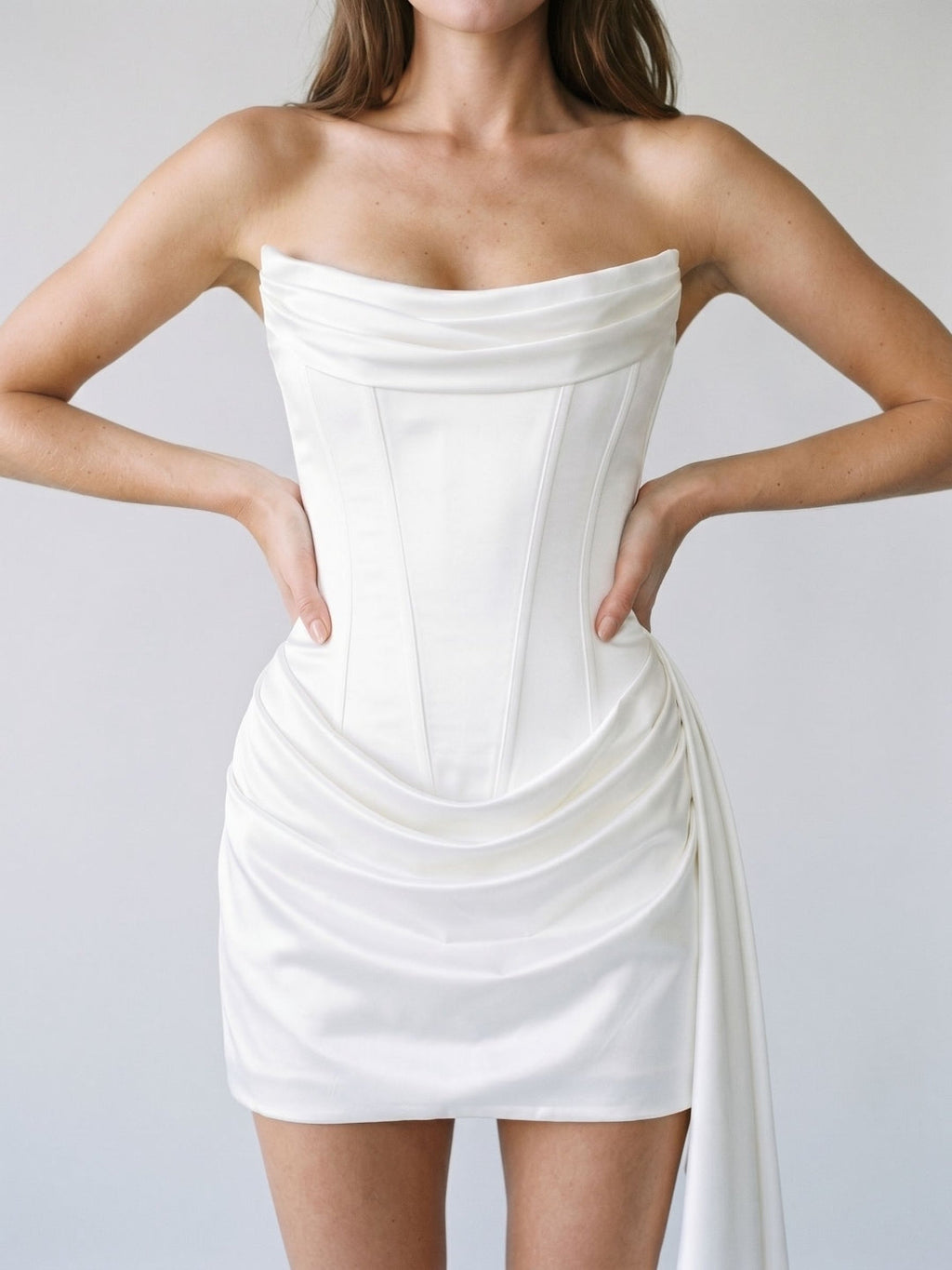 Ivory Matte Satin Sheath Scoop Neck Lace-Up Back Short Dress with Pleating - Curvevia